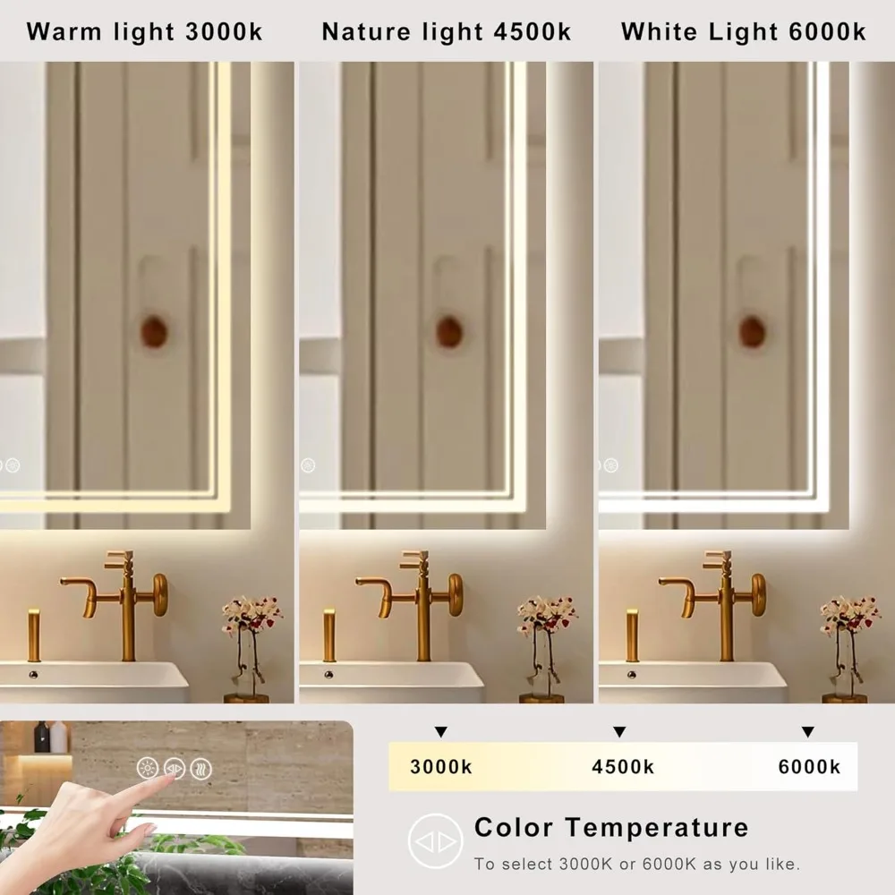 Rechteckiger, LED-beleuchteter Badezimmerspiegel mit rahmenlosem Design und zwei Beleuchtung für Antibeschlag-Funktionalität