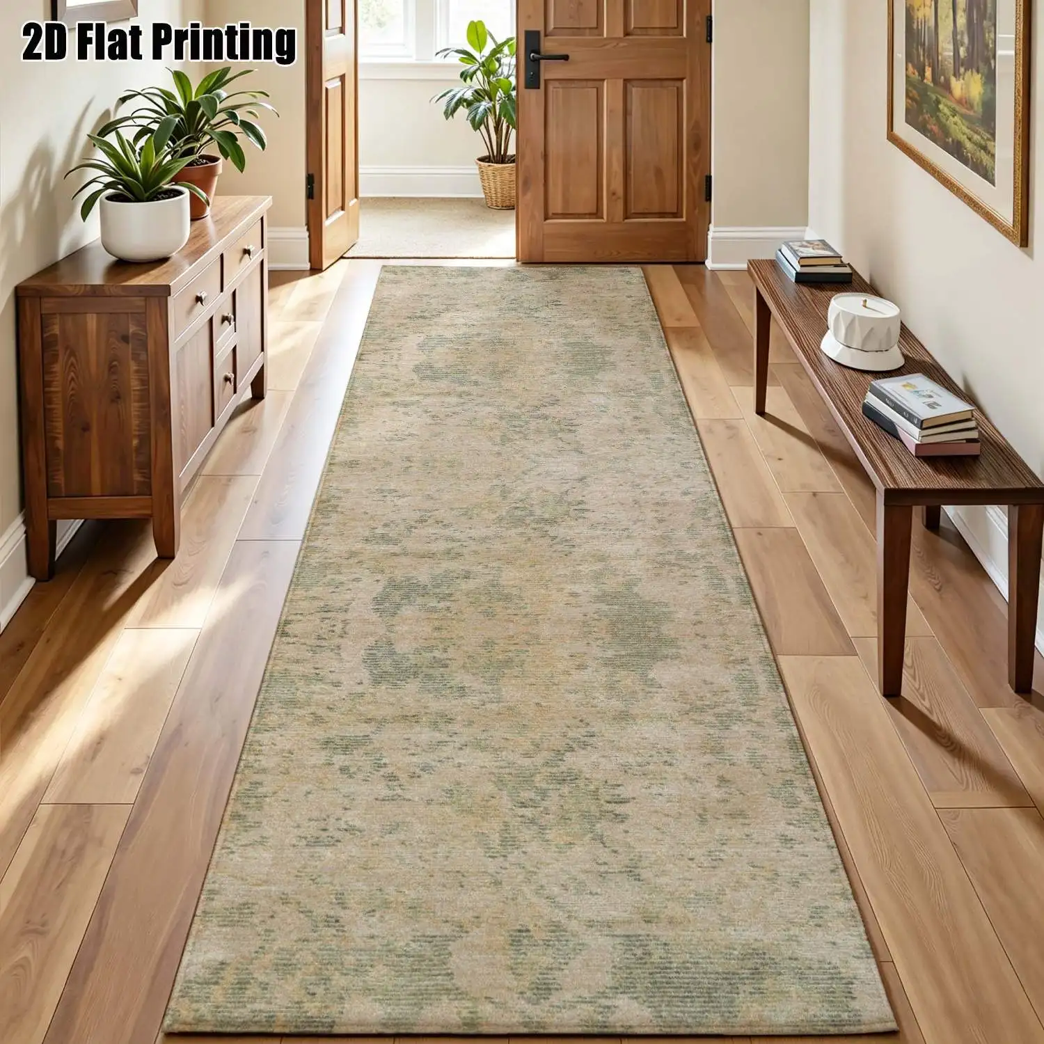 1Pc 2D Printed Long-Strip Running Track Carpet: Beige-Green Retro Floral Nordic/Instagram/Modern Minimalist/European Style, Machine Washable, Multi-Size, for Home Entrance, Hallway, Living Room, Bedroom Decor