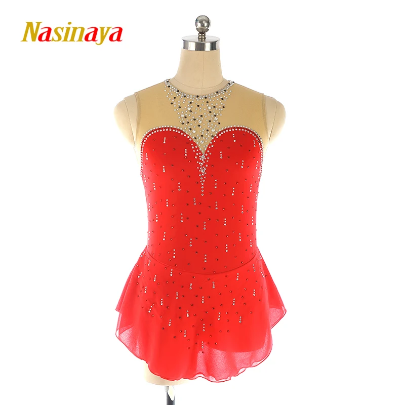 Girl Adult Figure Skating Training Performance Dress in Red Sleeveless Multi Diamond Sparkle