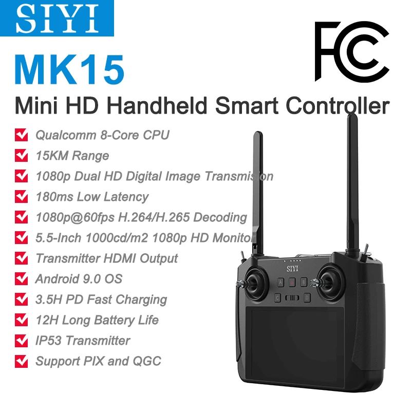 

SIYI MK15 Mini HD Handheld Radio System Transmitter Remote Control 5.5-Inch Monitor 1080p 60fps 180ms FPV 15KM FCC Certified