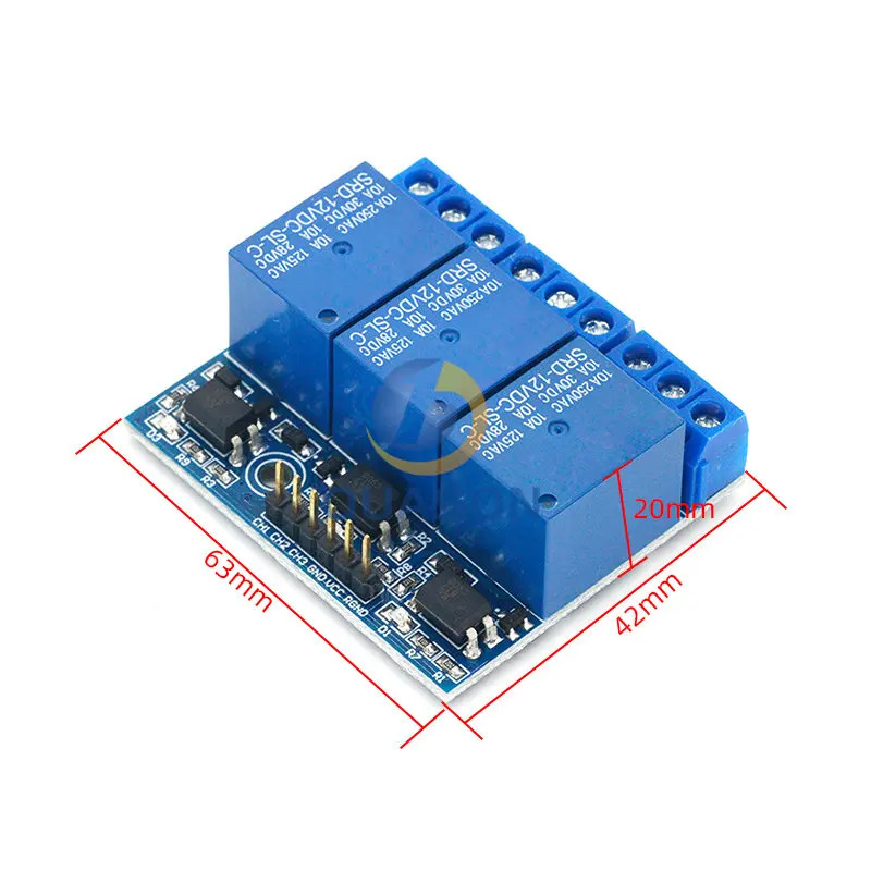 three 3 channel high-voltage relay module with opto-isolated, fully compatible with 3.3V and 12v signal