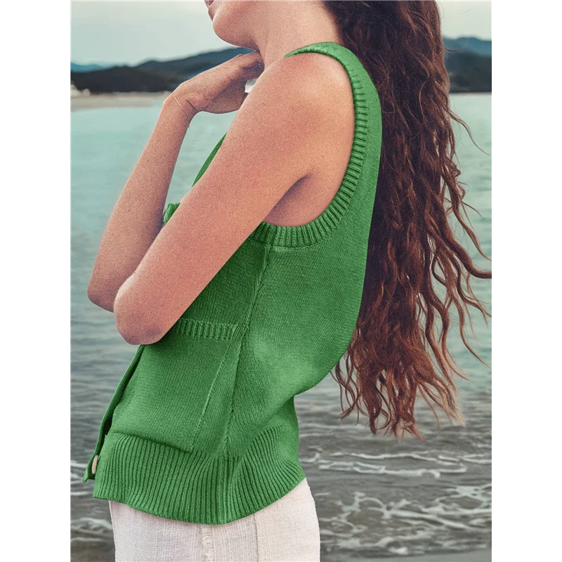 

ABRT-Womens Sweater Vest Summer Ribbed Tank Tops Sleeveless Button Down Shirts Scoop Neck Top For Women