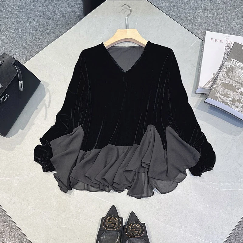 Autumn Winter Velvet Spliced Women V Neck Long Sleeve T Shirts Fashion Ruffles Business Casual Lady 2xl Oversized Tops Tee Black