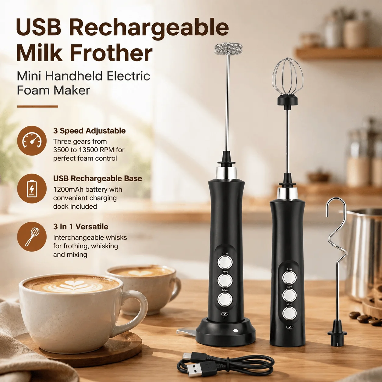 Electric Milk Frother 3 Speed Handheld Coffee Mixer With USB Rechargeable Base 3 In 1 Versatile Foam Maker Premium Stainless Steel Whisk For Cappuccino Latte Hot Chocolate Compact Wireless Egg Beater Portable Mini Kitchen Gadget Professional Drink Mixer