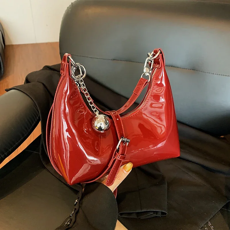 

French Style Underarm Shopper Bag For Women Luxury Gold Silver Handbag Clutch Bag Quality Patent Leather Crossbody Bag Red Purse