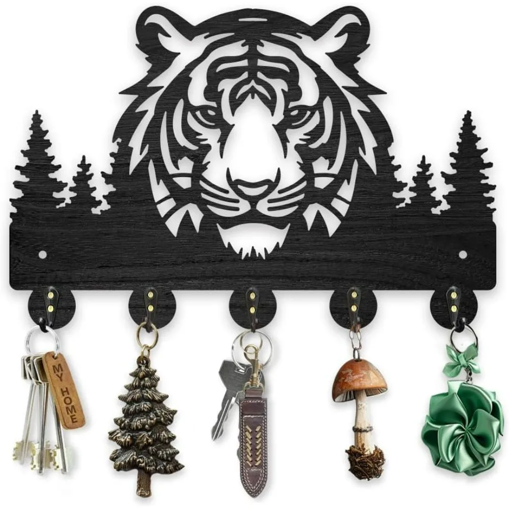 Wooden Forest Tiger Wall Mounted Key Holder Art Decor 5 Alloy Hooks 11.8x7.8inches Black Tiger Head Key Holder Animal Tree Hooks