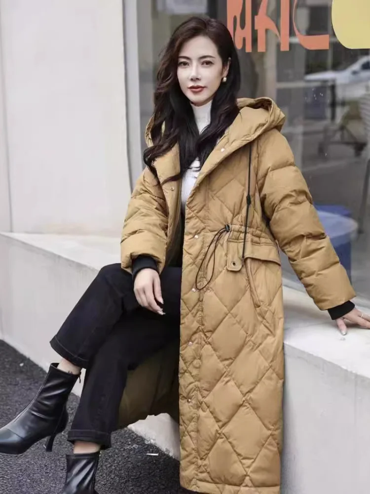 Long Knee-length Down Jacket, Windproof Warm Coat, Loose Hooded Jacket, Diamond Plaid Design, Casual Parkas, Winter Fashion, New