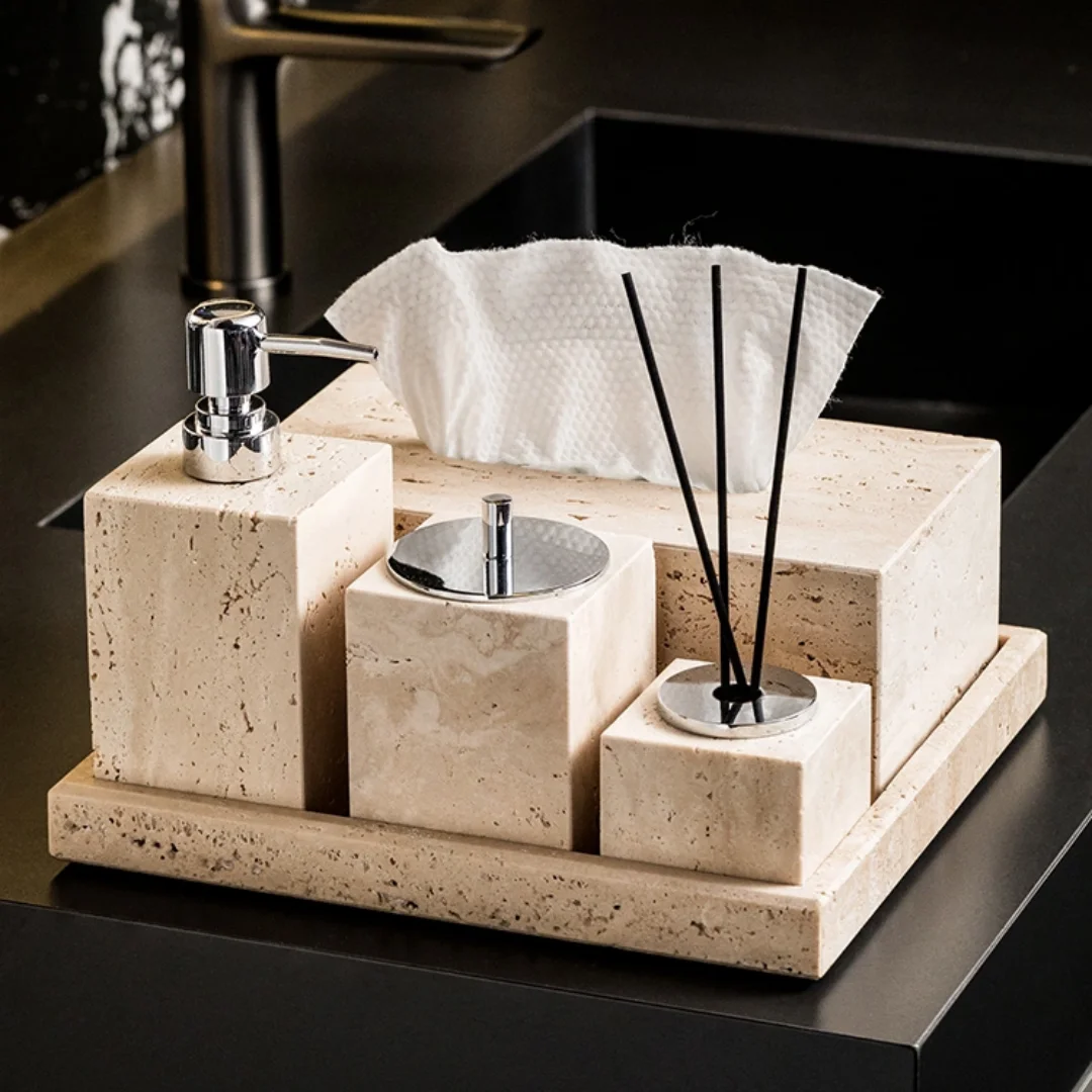 

Free Combination Travertine Stone Bath Accessories Home Decoration Soap Dispenser Storage Cup Tissue Box Countertop Bathroom Set