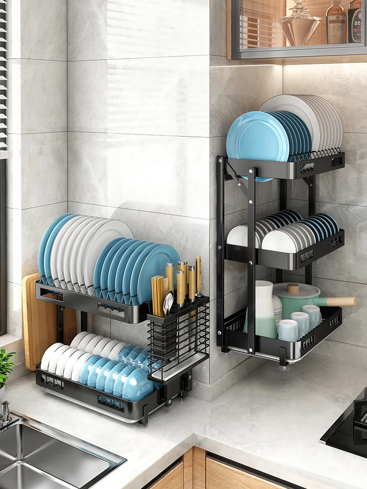 No-installation Bowl Rack Foldable Kitchen Rack for Dishes and Chopsticks Storage Box Punch-free Wall-mounted