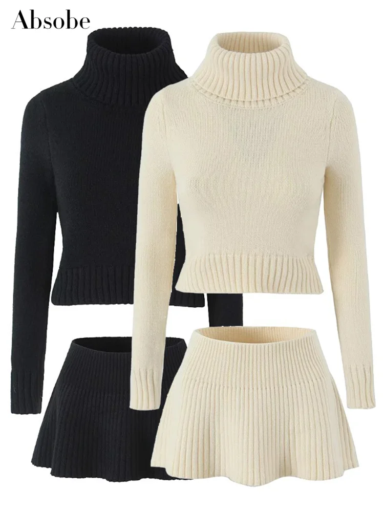 Absobe Knitted Sweater Mini Skirt 2 Piece Set Women Flapped High Neck Long Sleeve Top A-Line Short Skirt Set Autumn Streetwear