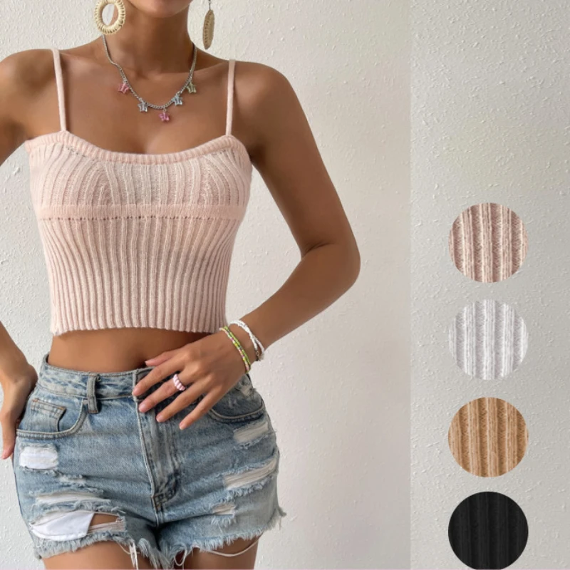 

Sexy Screw Thread Knit Tank Top Bare Midriff Spaghetti Strap Halter Crop Tops Women Sleeveless Cropped Vest Camisole Female