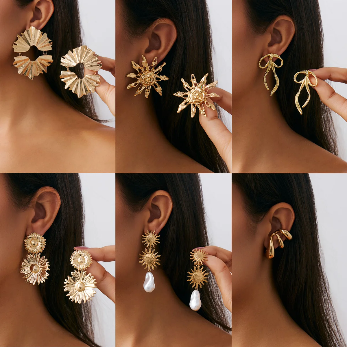 

Creative Fashion Line Claw Shaped Ear Clip Sun Flower Pearl Pendant Earrings Women's Stainless Steel Vintage Ear Jewelry Gift