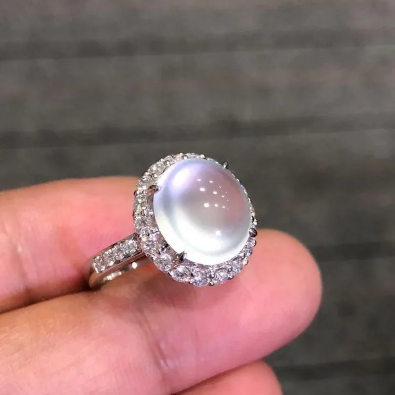 Fresh natural ice chalcedony rings for women luxury silver 925 inlaid fashion elegant oval white ring engagement jewelry