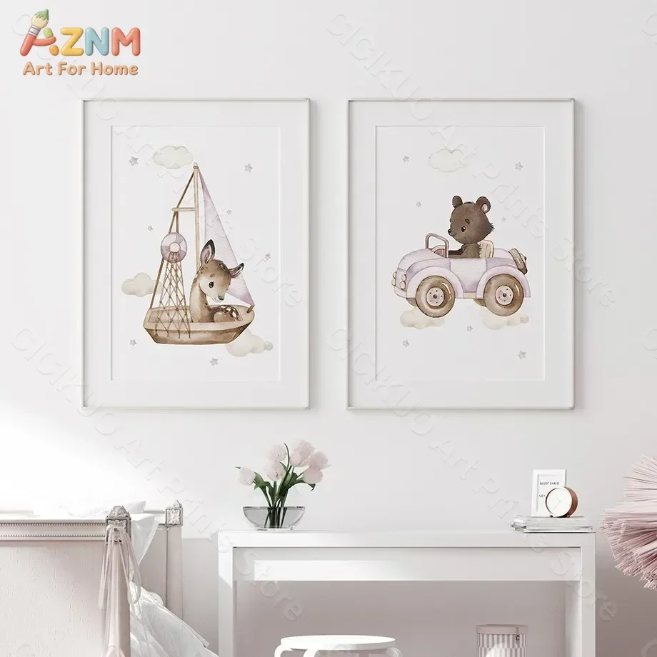 AZNM Watercolor Cute Safari Animal Transport Canvas Wall Art Deer Elephant Bear Panda Lion Rabbit Sailboat Hot Air Balloon Car T view 3