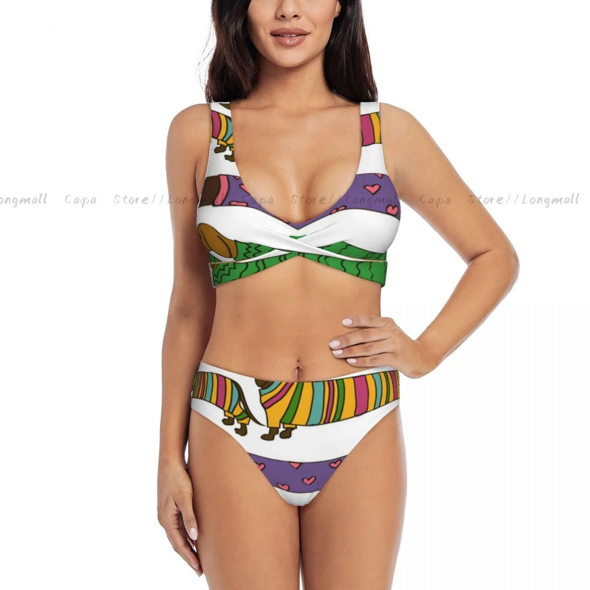 Sexy conjunto de biquíni engraçado dachshund cães vestido em roupas coloridas feminino 2 peças roupa de banho estilo transfronteiriço