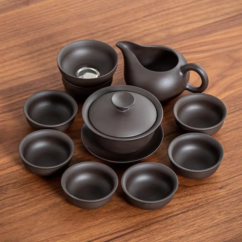 Yixing Purple sand tea set black ceramic kung fu Teapot  Purple sand teapot teacup gaiwan Tureen tea ceremony