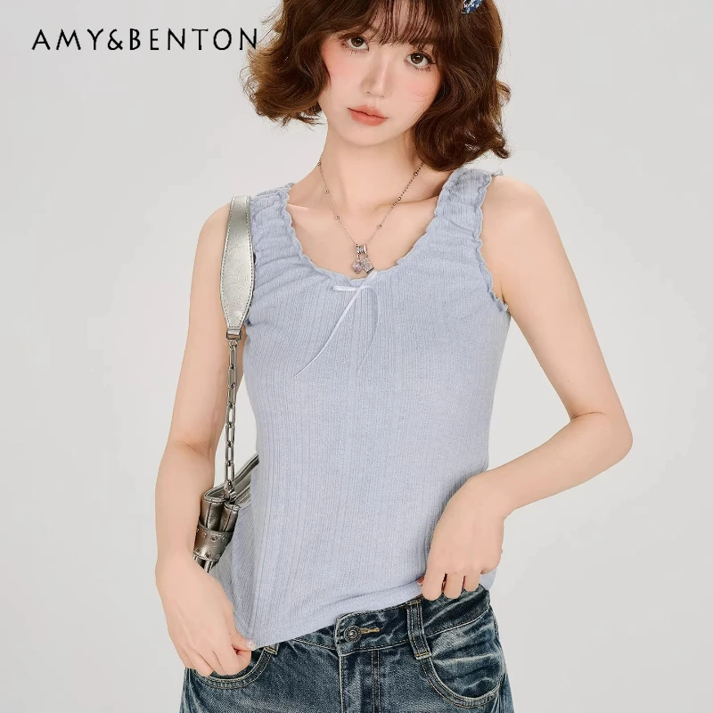 

2026 Spring Summer New Light Blue Ruffled Edge Women's Tank Top Original Design Sweet Cool Versatile Sleeveless Camisole Ladies