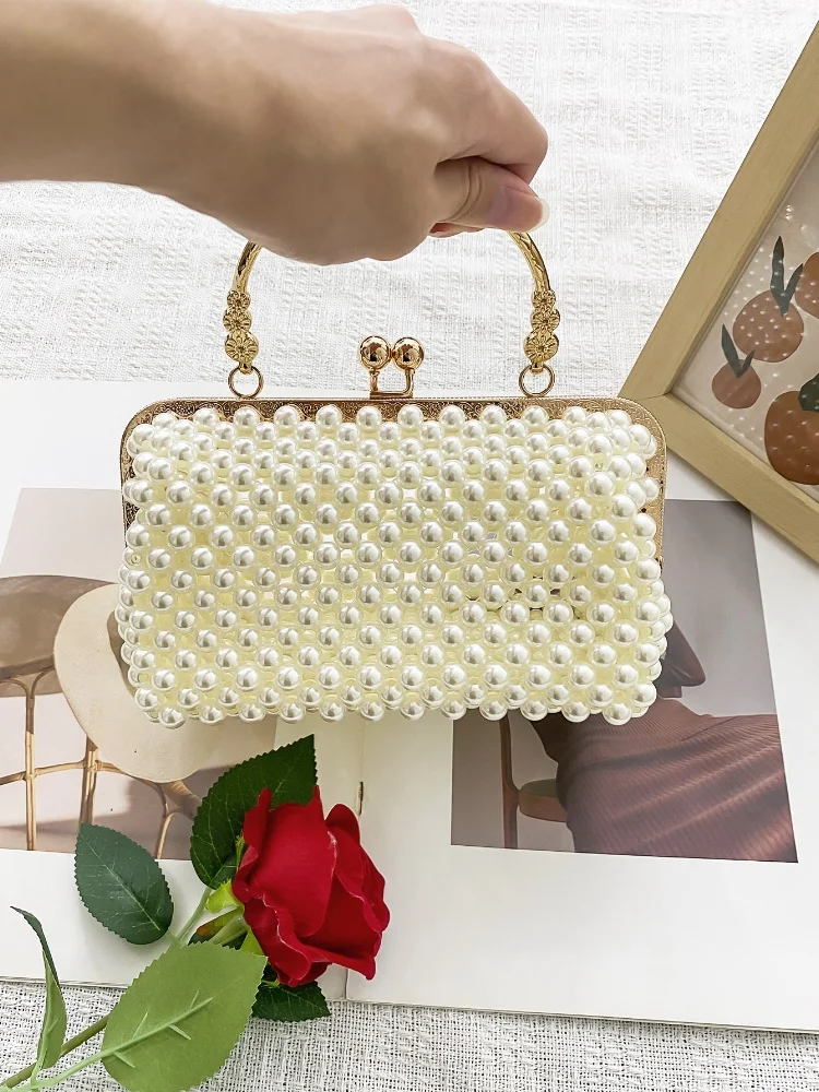

New Chinese Handmade Bead Style Elegant Imitation Pearl Bag Weaving Bag Fashion Luxury Women's Handbag Party Wedding Evening Bag