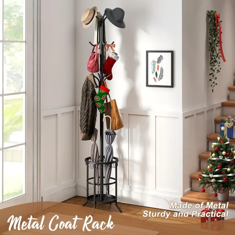 Coat Rack Freestanding with Umbrella Stand Coat Rack Stand with 12 Hooks Metal Coat Tree