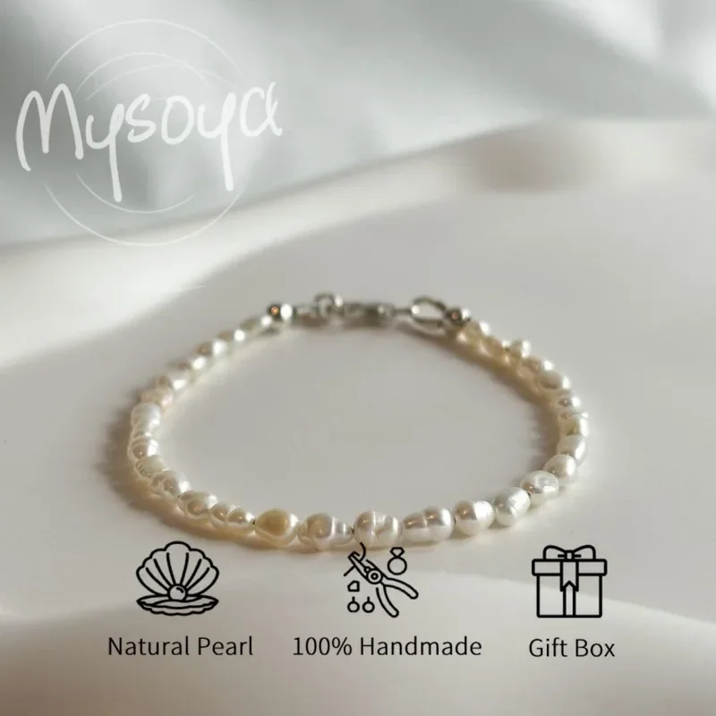 

MYSOYA White Baroque Freshwater Pearl Simple Bracelet 3-4mm With Gift Box For Him/Her Birthday/Wedding/Christmas/New Year Gift