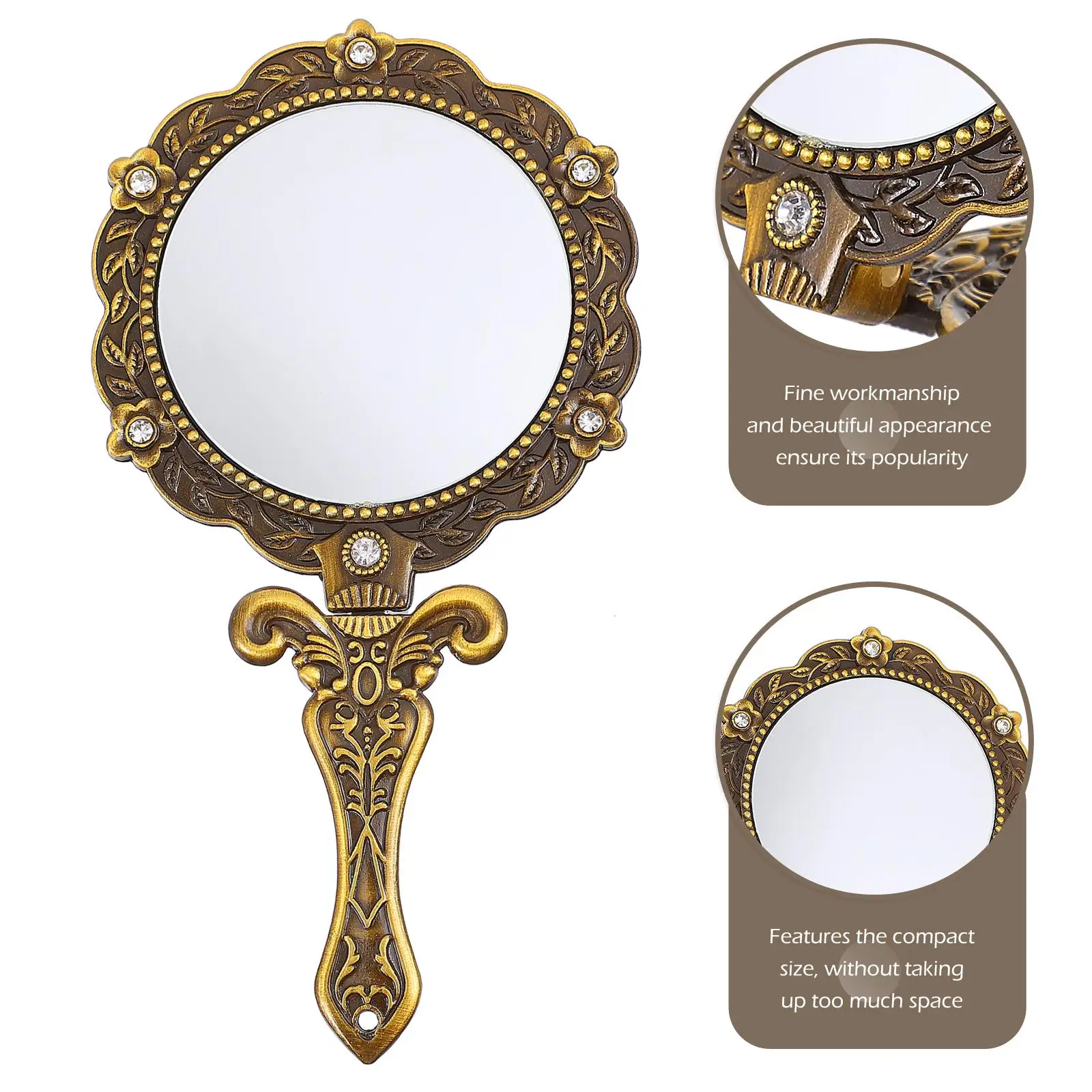 Miroir à main Vintage maquillage bureau pliant vanité strass en alliage de Zinc petite amie cadeau Portable