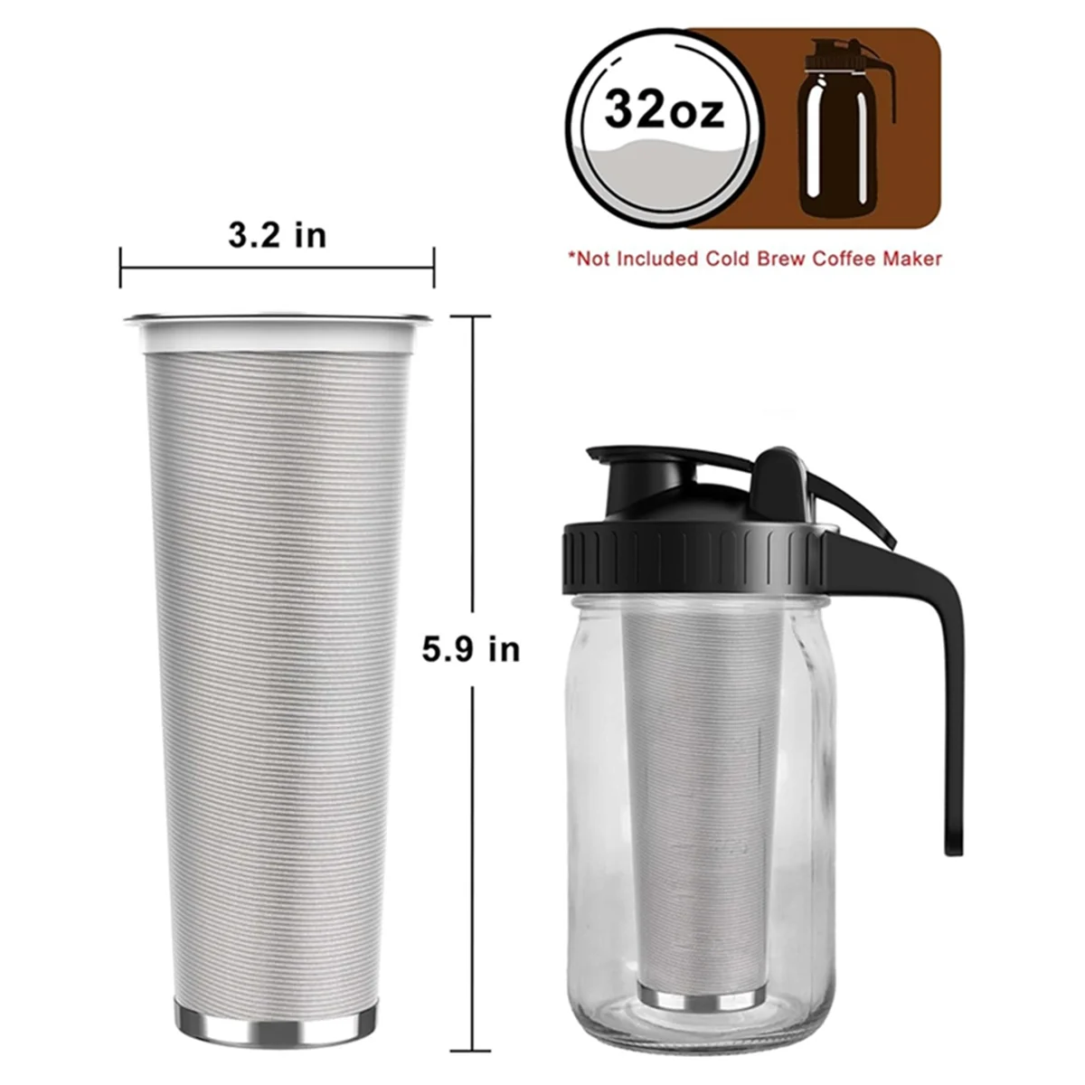 A77I Filtro per caffè freddo per brocca MasonJar in vetro da 32 OZ - Maglia fine, filtro in acciaio inossidabile 304 con anello di tenuta