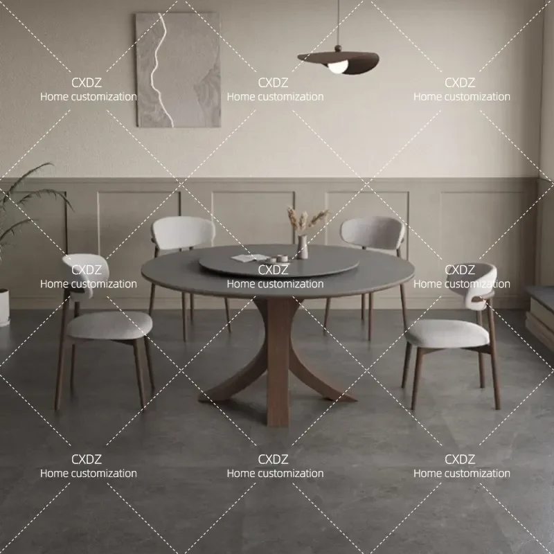 Matte Rock Slab Round Dining Table with Turntable 8 Seater Modern Simple High End Ash Wood Solid Wood Round Table