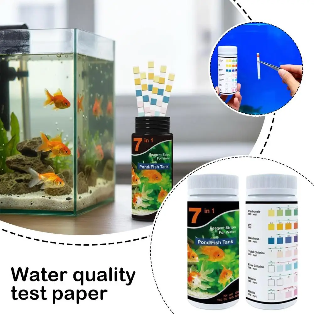

Тест-полоски для анализа воды в аквариуме 7-в-1 — 100 штук для аквариума и пруда, проверяют pH и содержание хлора, незаменимый набор для аквакультуры