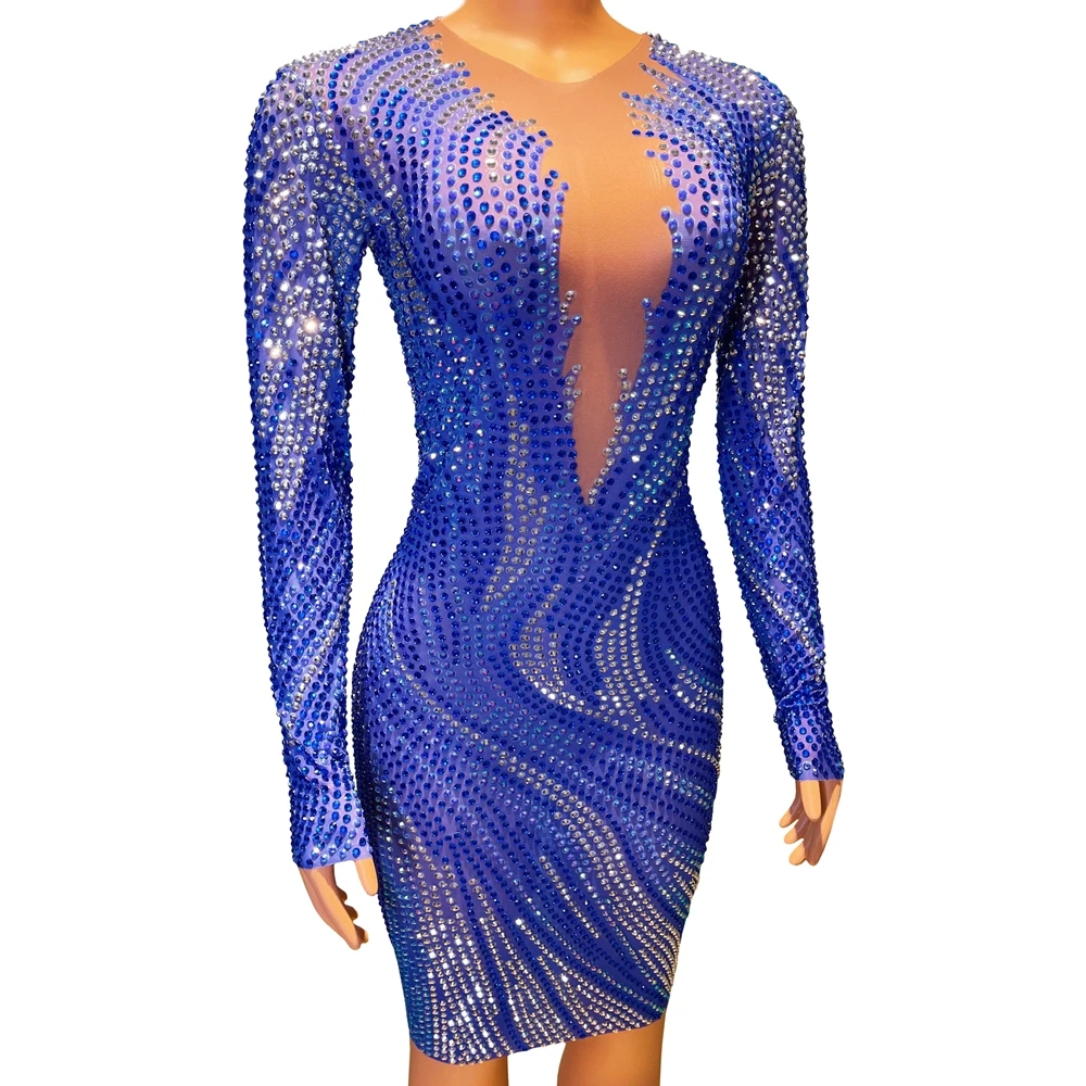 Sparkly Blue Rhinestones Mesh See Through Long Sleeve Short Dress Women Sexy Celebrate Evening Birthday Dress Photo Shoot Wear