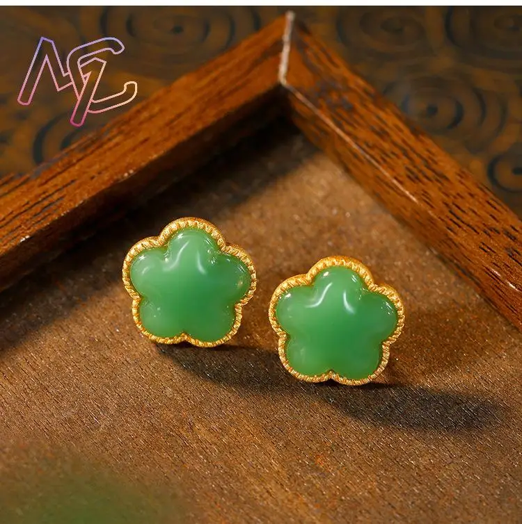 Green Natural Jade Clover Earrings Gifts for Women Talismans Vintage Ear Stud Lucky Stone Charm Amulet Luxury - view 4