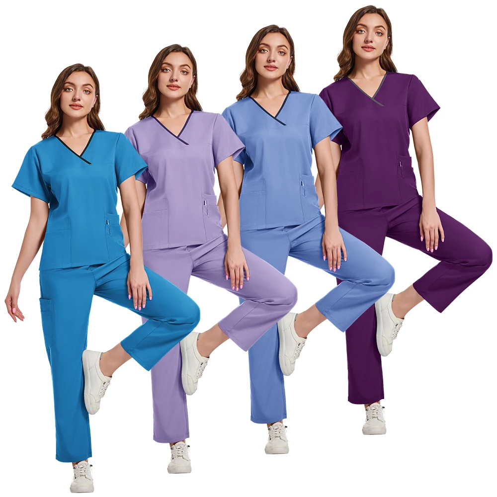 Plus Size Scrubs Set Women Medical Nurse Uniforms Stand Neck V-cut Scrub Top Jogger Pants Vet Doctor Healthcare Workers Workwear