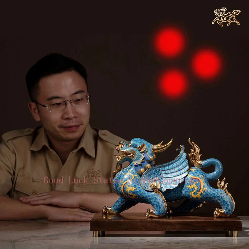 National treasure Cloisonne Royal Dragon PI XIU HOME company business bring wealth money GOOD LUCK 24K Gold-plated statue