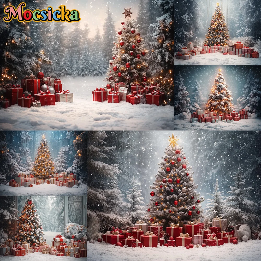 

Mocsicka Photography Backdrops Christmas Tree Gift Snow Decoration Family Xmas Holiday Photo Backgrounds For Photographs Studio