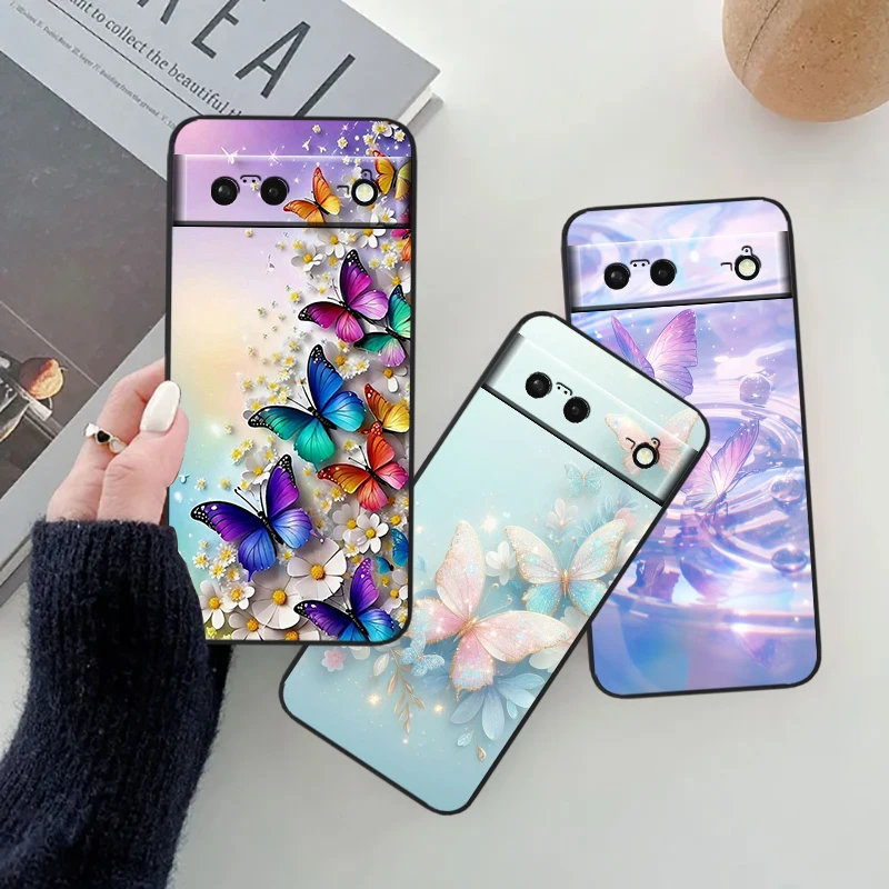 Butterfly Fashion Fantasy For Google Pixel 8 7A 7 6A 6 5A 5 4 4A XL 5G Black Silicon Shockproof Shell TPU Phone Case