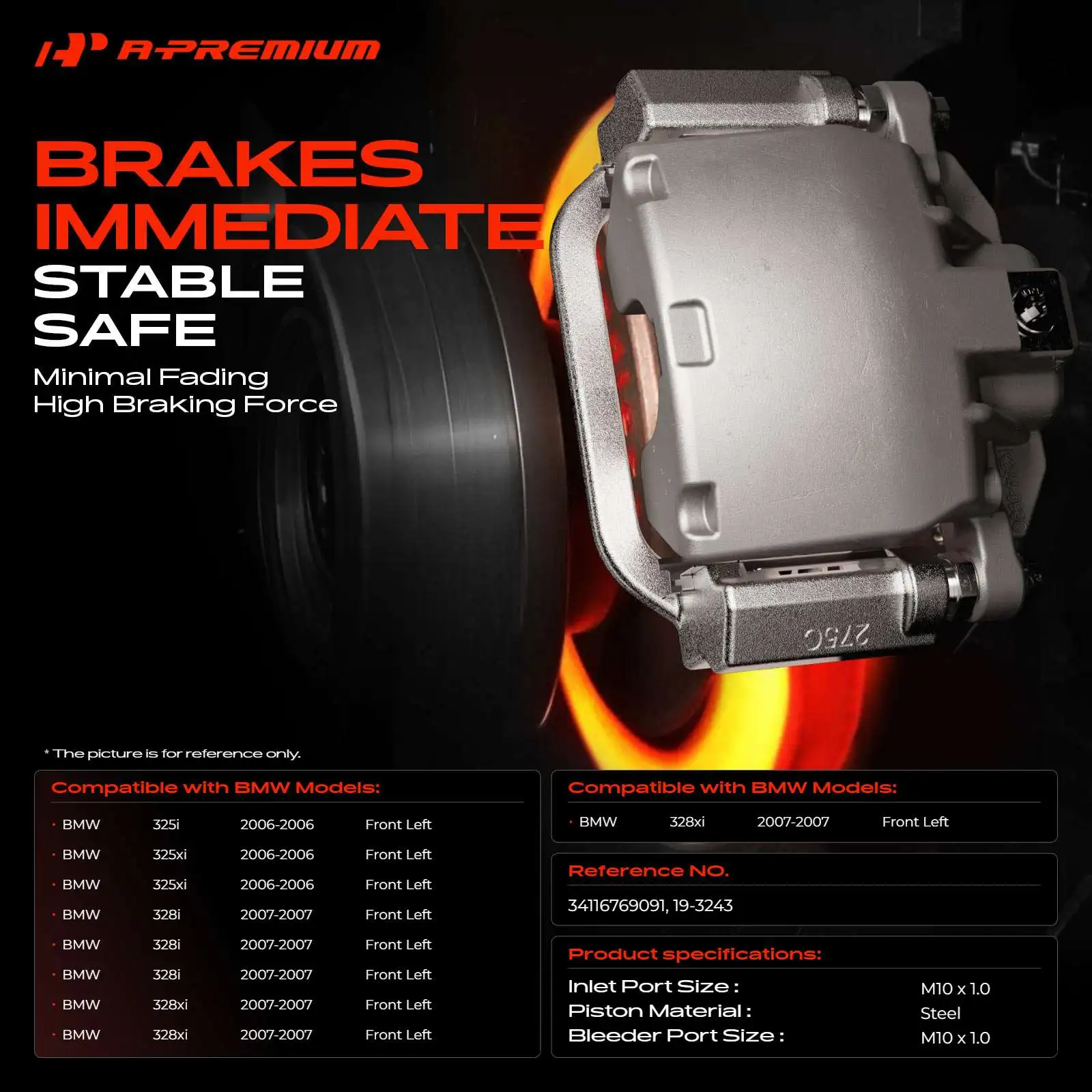 A-Premium Front Left LH Brake Caliper for BMW 325i 325xi 2006 328i 328xi 2007