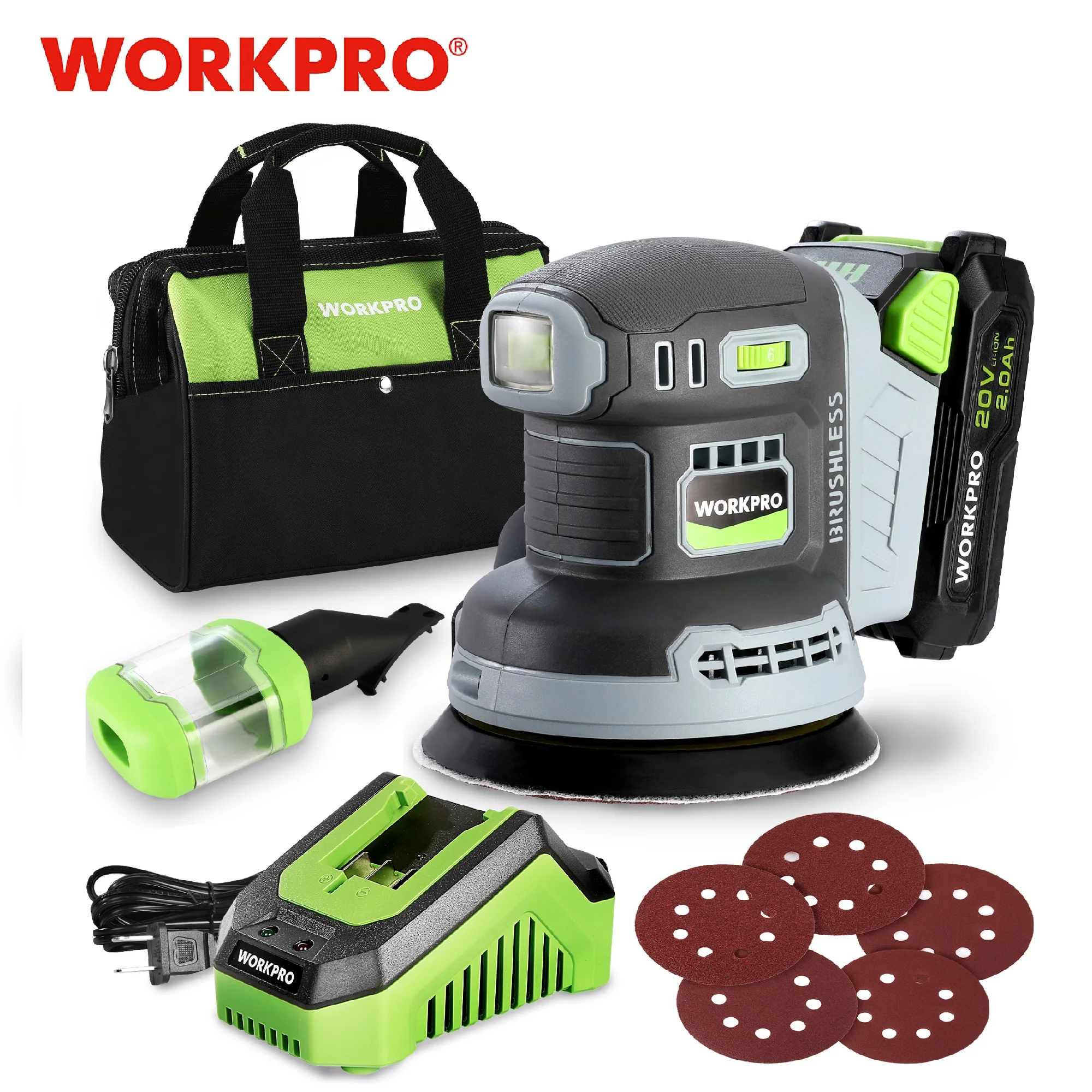 WORKPRO 125mm Brushless Random Orbital Electric Sander Wood Grinder Polishing Grinding Sanding Machine 6 Speed for 20V Battery