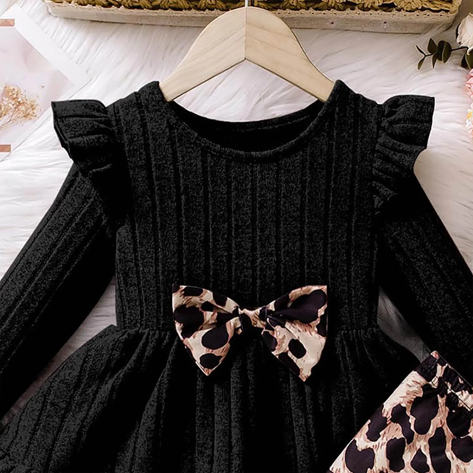 

Toddler Girl Outfit Autumn Ribbed Long Sleeve Top Leopard Printed Pants Casual Fashionable Two Piece Set Comfortable Clothes Set