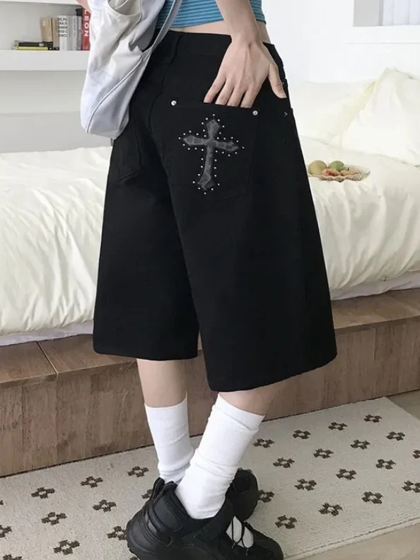 American Style Workwear Wide Leg Denim Shorts Women's Fashion Cross Rhinestone High Waist Slimming Loose Casual Shorts