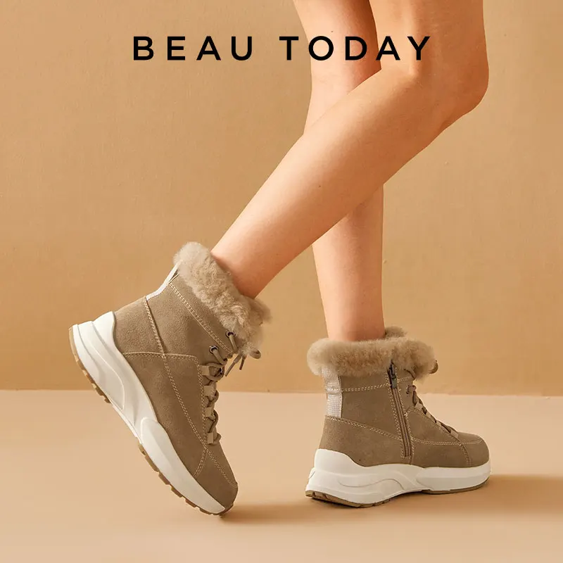 BEAUTODAY Winnter Snow Boots Women Cow Suede Ankle Bootie Round Toe Lace Up Furry Outdoor Ladies Shoes Handmade 08225