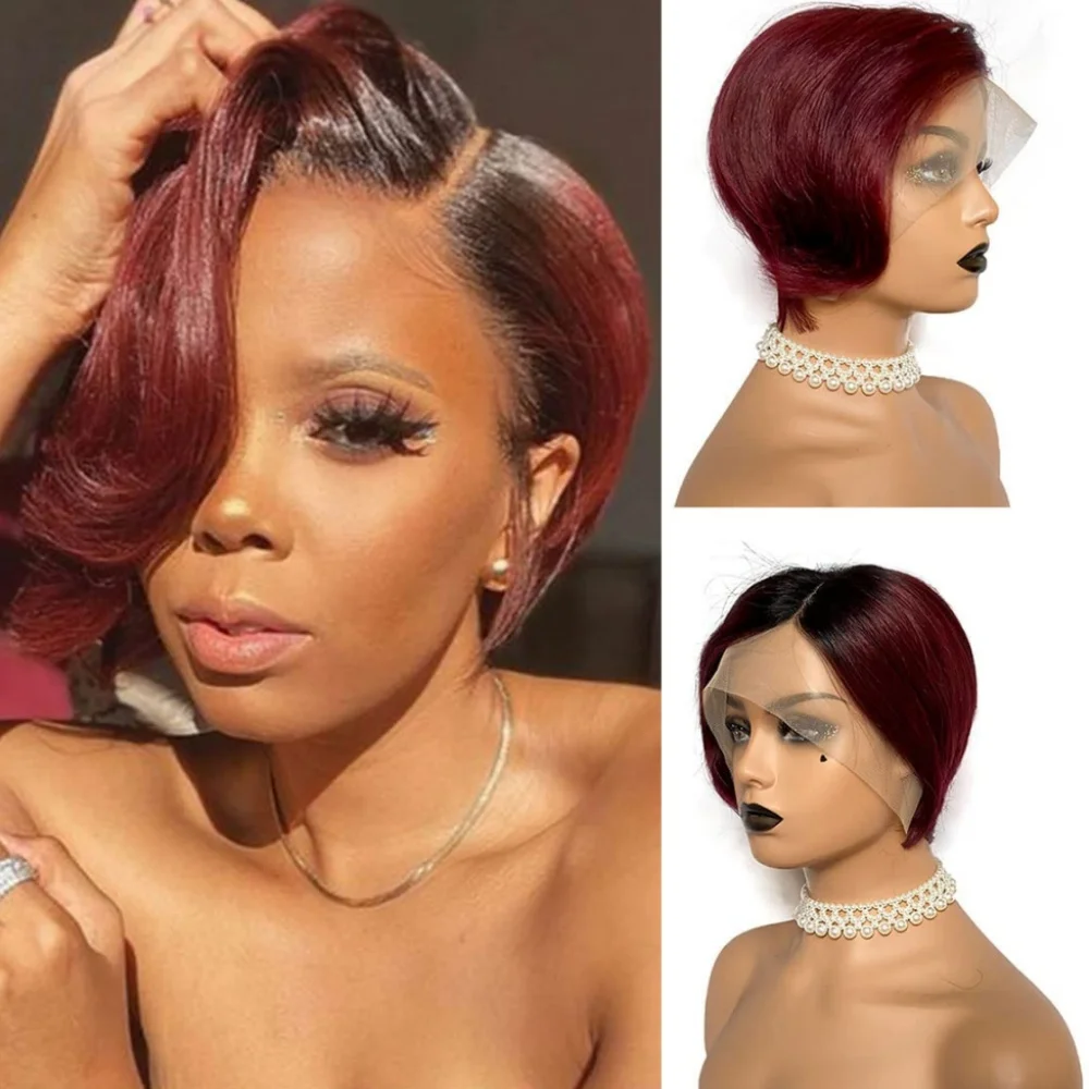 

Short Bob Wig Pixie Cut Wig Straight Human Hair Wigs T Part Transparent 13X4X1 Lace Wig For Women Straight Pixie Cut W