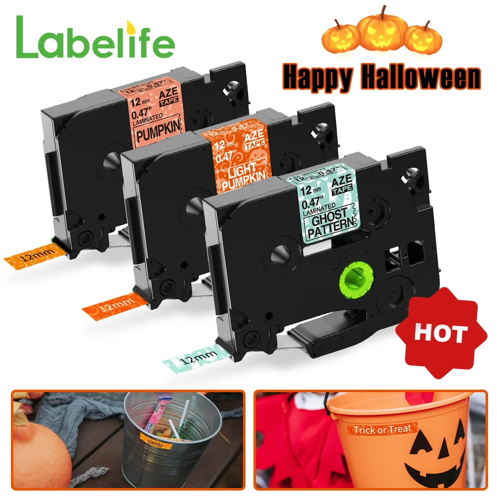 3pack Halloween Label Sticker Pattern Tape 12mm Compatible for Brother P touch Label Maker Tape for PTD210 H110 PT710BT Printer