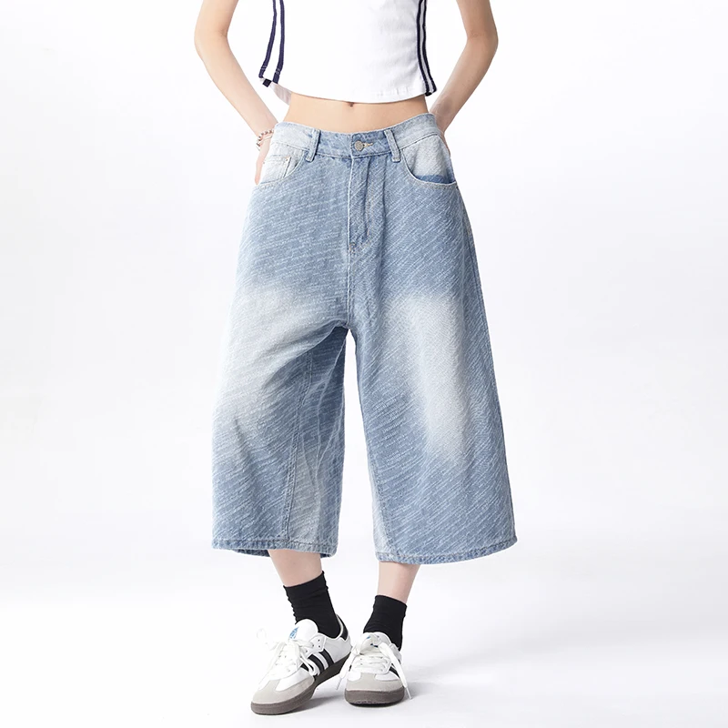 

American Vintage Light Blue Jacquard Distressed Cropped Wide Leg Men's Denim Shorts Summer Loose Knee Length Jeans