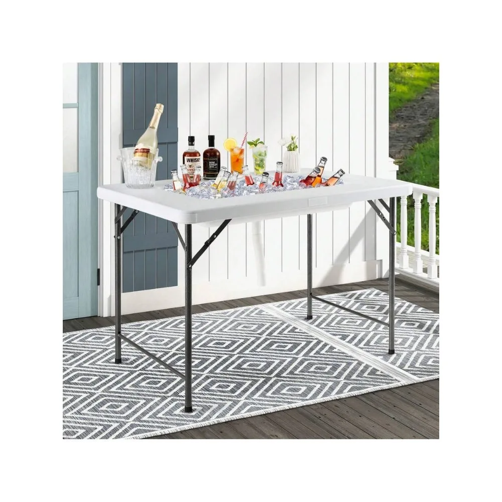 4 FT Folding Ice Bin Table Outdoor Cooler Table with Matching Skirt for Party BBQ Buffet Portable Heavy Duty Stand for Drinks and Beverages