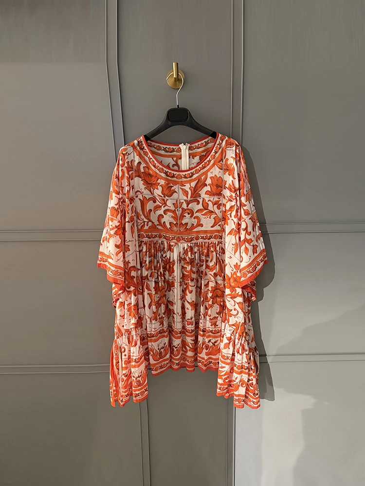 Spring Summer Fashion Vintage Pattern Print Loose Mini Dress Women's O-Neck Batwing Sleeve Elastic Waist A-Line Short Dress