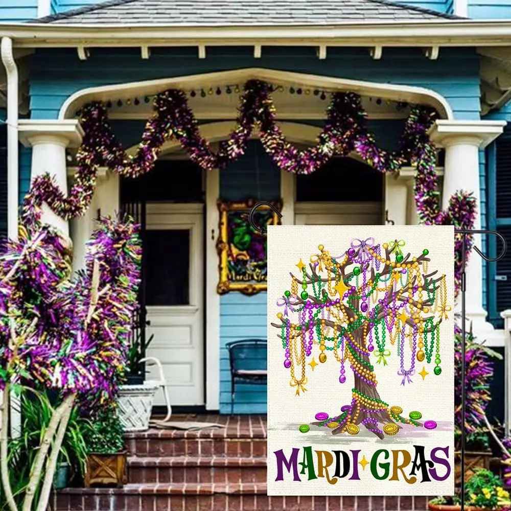 Mardi Gras Bead Tree Garden Flag 12x18 Inch Double Sided Outdoor Decoration, New Orleans Carnival Party Supplies Purple Gree AAS