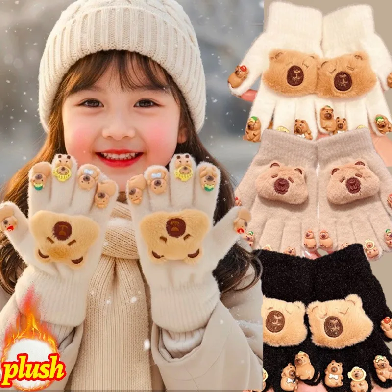 

Детские толстые плюшевые перчатки с капибарой для женщин и мужчин, зимние варежки с капибарой и мультяшными животными, морозостойкие утолщенные теплые пушистые перчатки