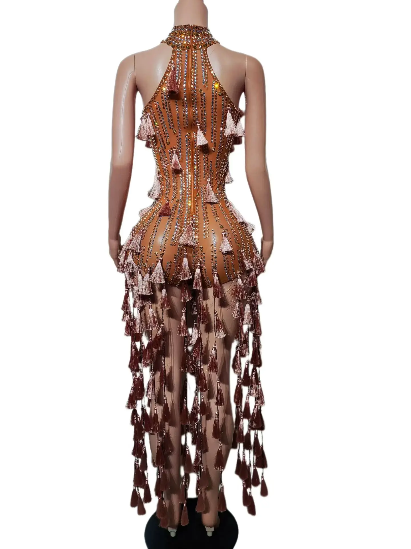 Jiaotang Nude Mesh Halter Ombre Brown Tassel Mini Bodysuit Vertical Dot Rhinestone Gradient Fringe Latin Dance Stage Outfit