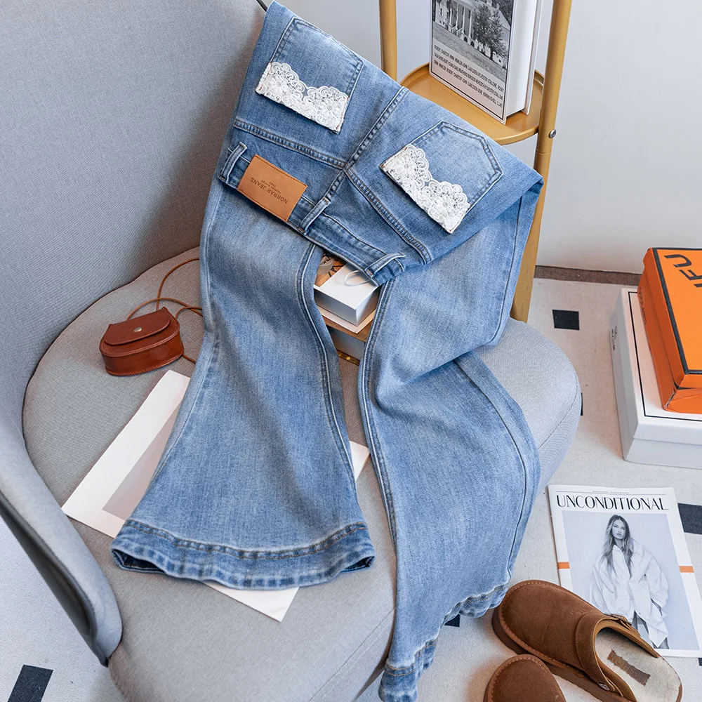 

High Waist Slim Flared Jeans for Women Spring Autumn Trendy Lace Pocket Design Blue Denim Pants 2025 New Bell-Bottom Trousers
