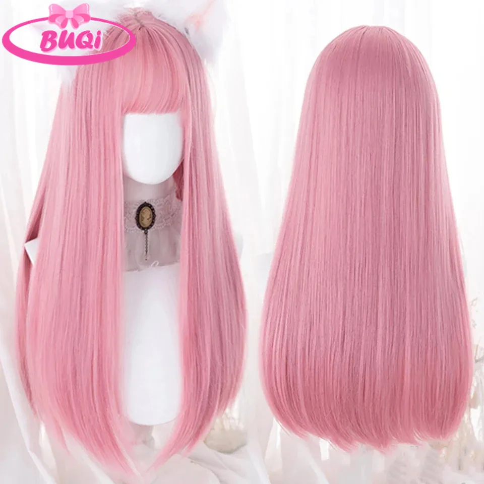 Long Straight Wig with Bangs Pink Heat Resistant Synthetic Hair Wigs for African American Girl Lolita Cosplay Wig