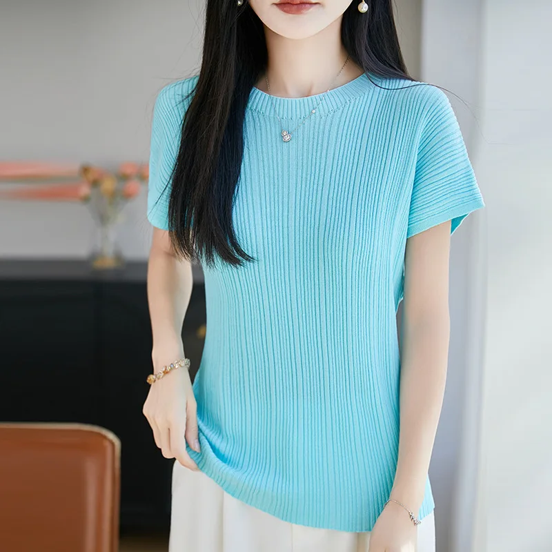 Summer Ice Silk Fly Sleeve round Neck Women's Slim Fit Lightweight Knitted Top Versatile Gentle Style Cityscape Basic Three-Q...